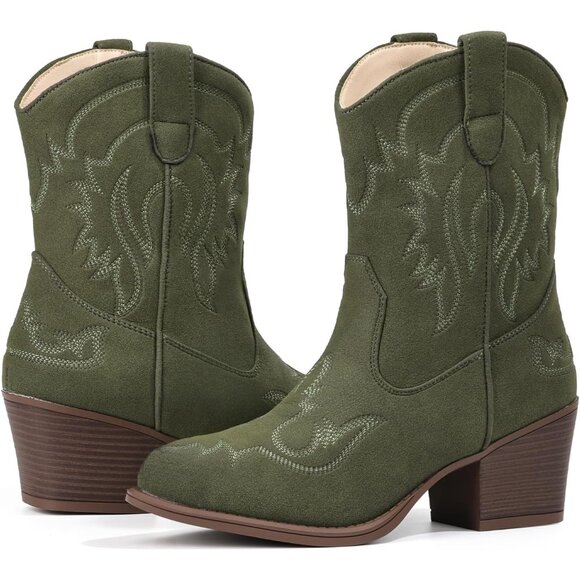 ⚡Women Green Faux Leather Ankle Cowgirl Pull-On Pointed Toe Short Western Boots - Picture 8 of 9